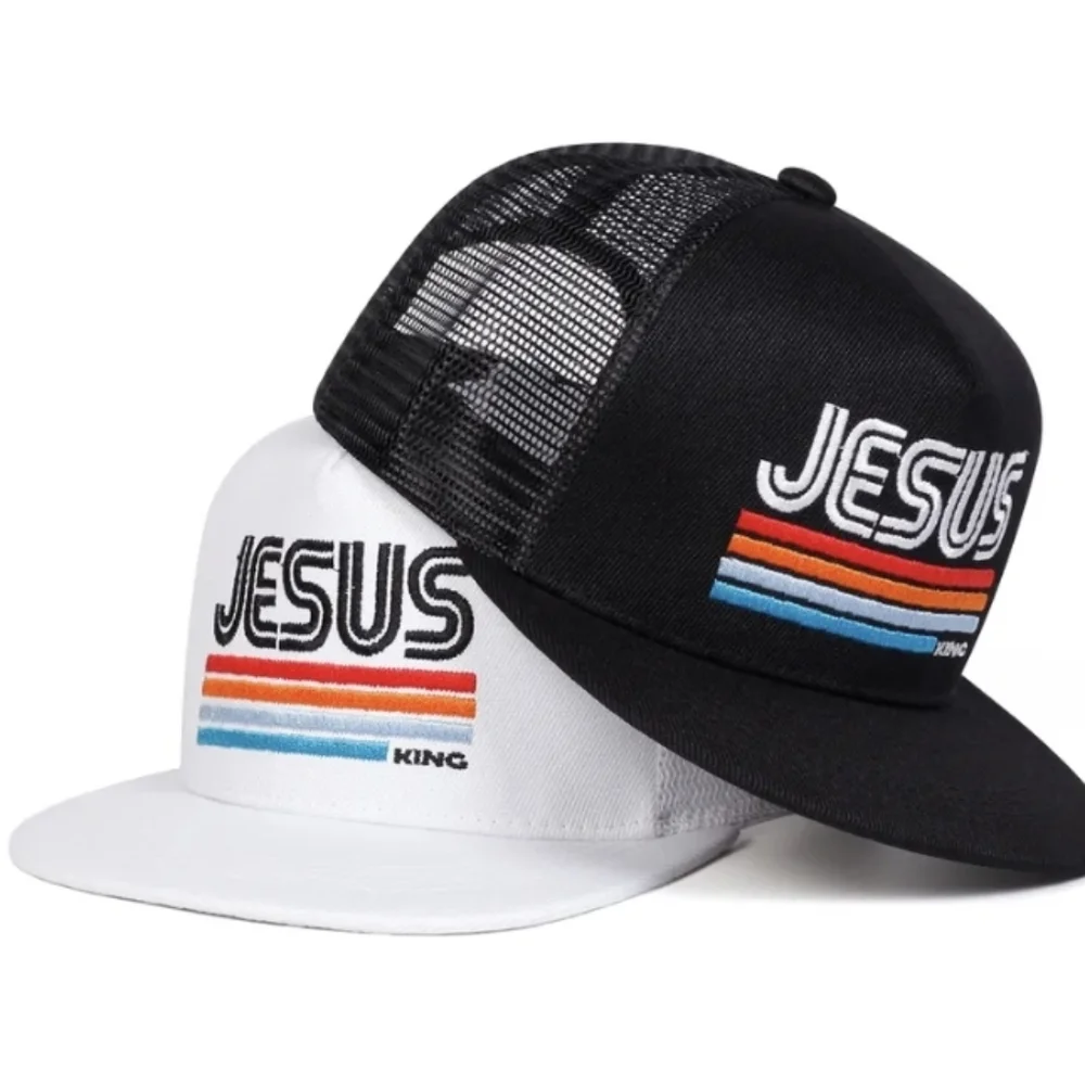 Jesus King Black Trucker Hat with Retro Stripes